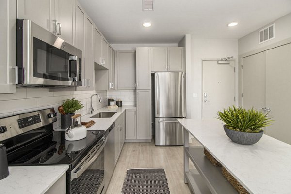 Modern kitchen with stainless steel appliances at AVRA at RidgeGate Station Apartments