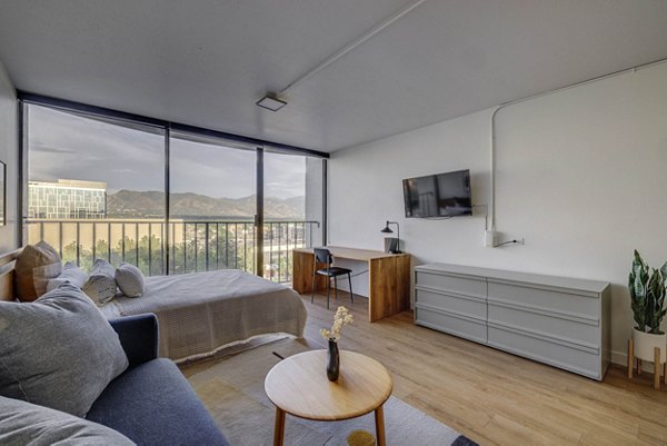 Modern kitchen with stainless steel appliances at Lattice Apartments