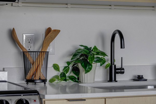 Modern kitchen with stainless steel appliances at Lattice Apartments