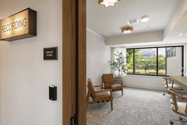 Home office with ergonomic chair and built-in desk in Solomon Apartments