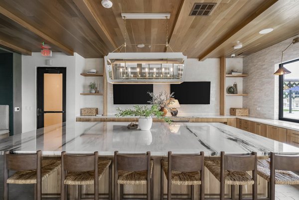 Dining room featuring elegant dining set and modern lighting in Solomon Apartments, luxury community by Greystar