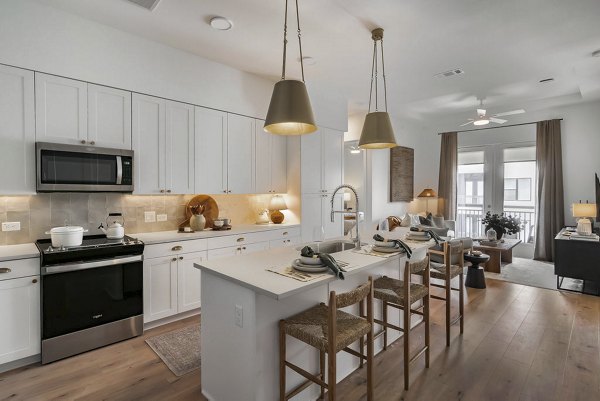 Modern kitchen with stainless steel appliances and granite countertops at Solomon Apartments luxury residences