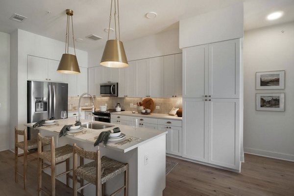 Modern kitchen with stainless steel appliances at Solomon Apartments