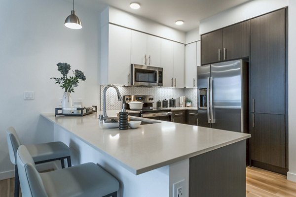 Modern kitchen with stainless steel appliances at Markana Uptown luxury apartments