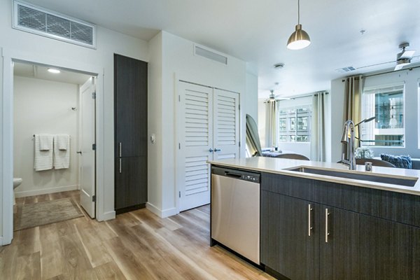 Modern kitchen with stainless steel appliances in Markana Uptown Apartments