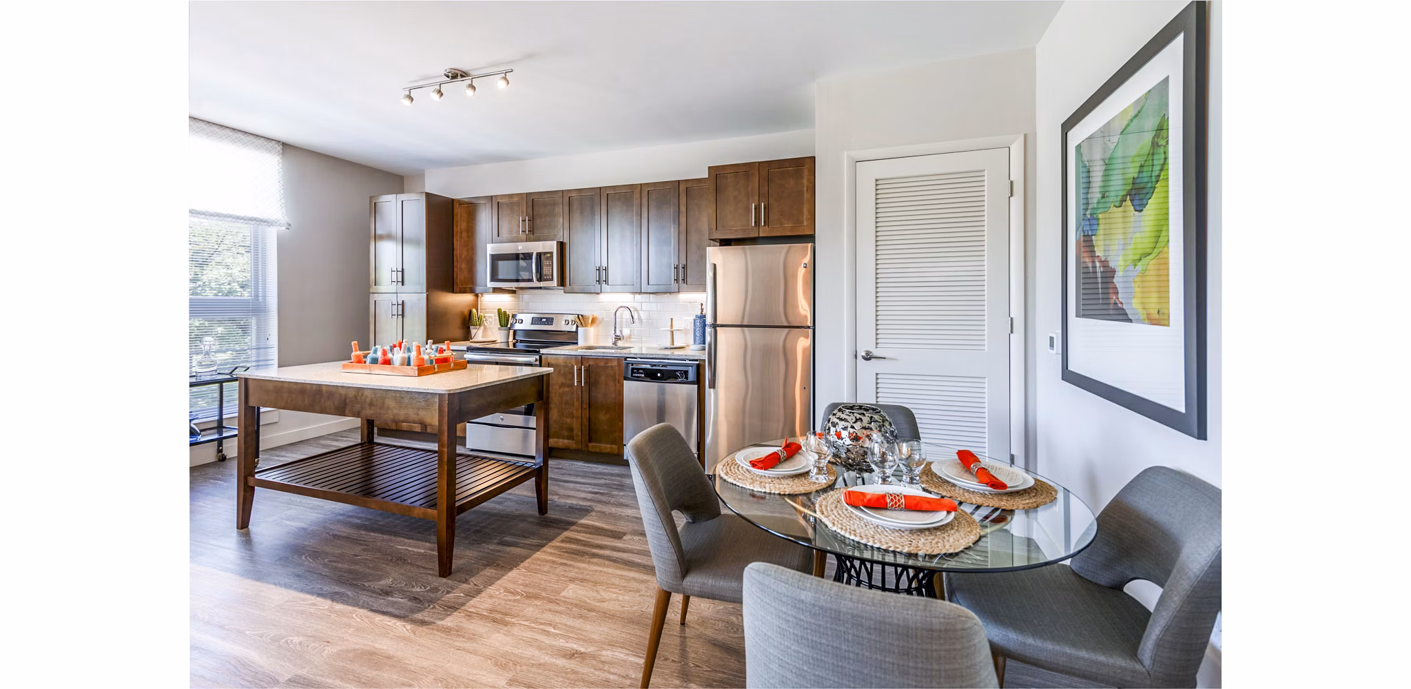 Elegant dining room with contemporary decor at VY Reston Heights Apartments, perfect for gatherings and fine dining experiences