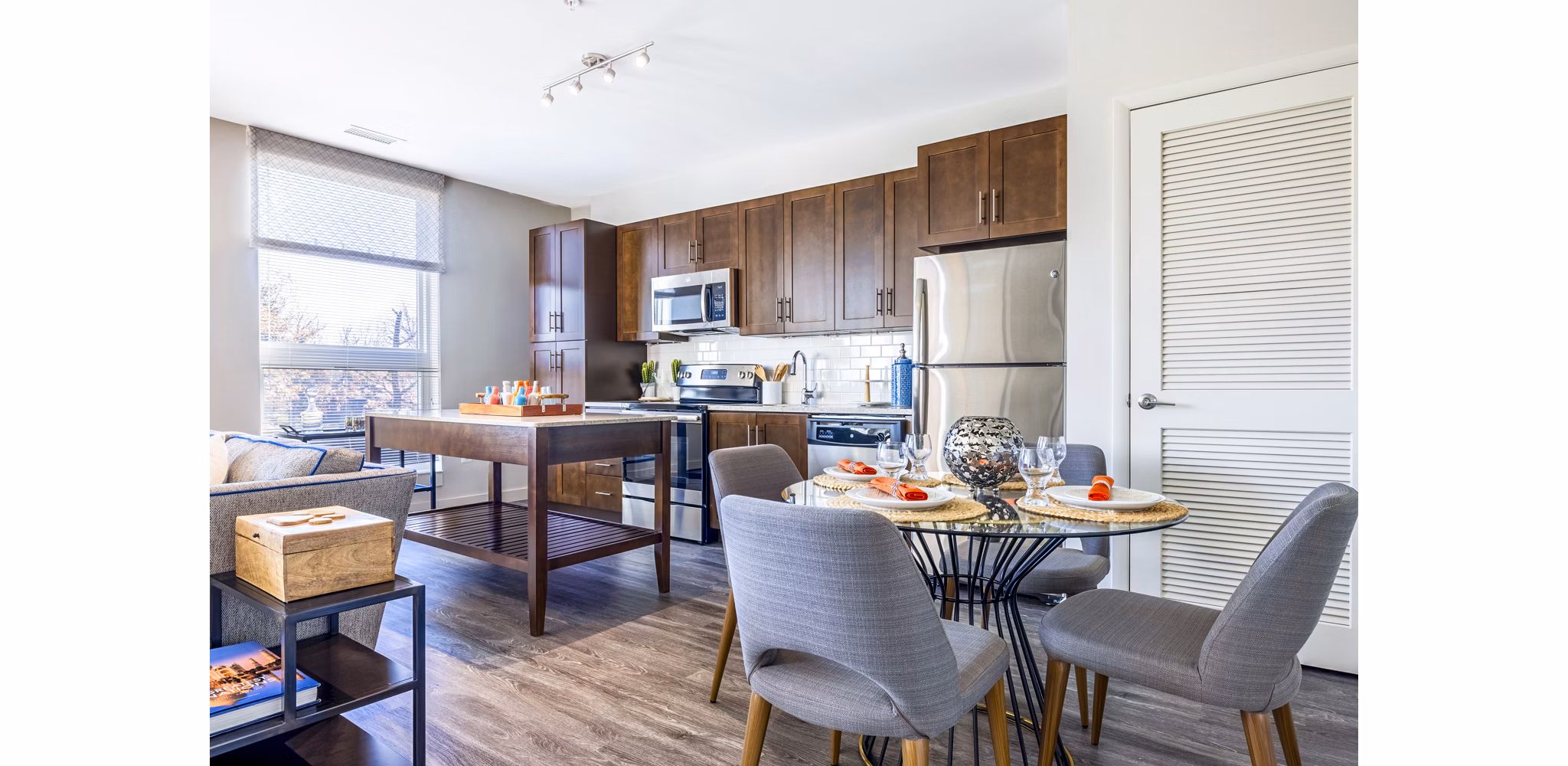 Dining room featuring modern decor and pendant lighting at VY Reston Heights Apartments, luxury living near Washington, DC