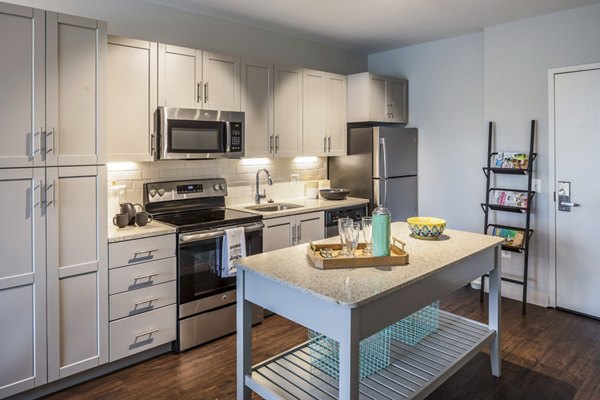 Modern kitchen with stainless steel appliances and marble countertops at VY Reston Heights Apartments