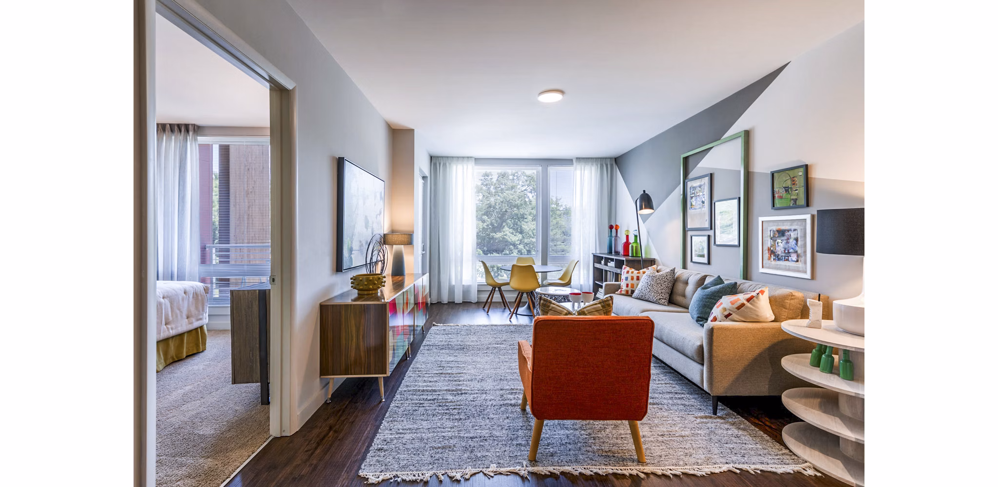 Contemporary living room with modern furnishings and natural light at VY Reston Heights luxury apartments