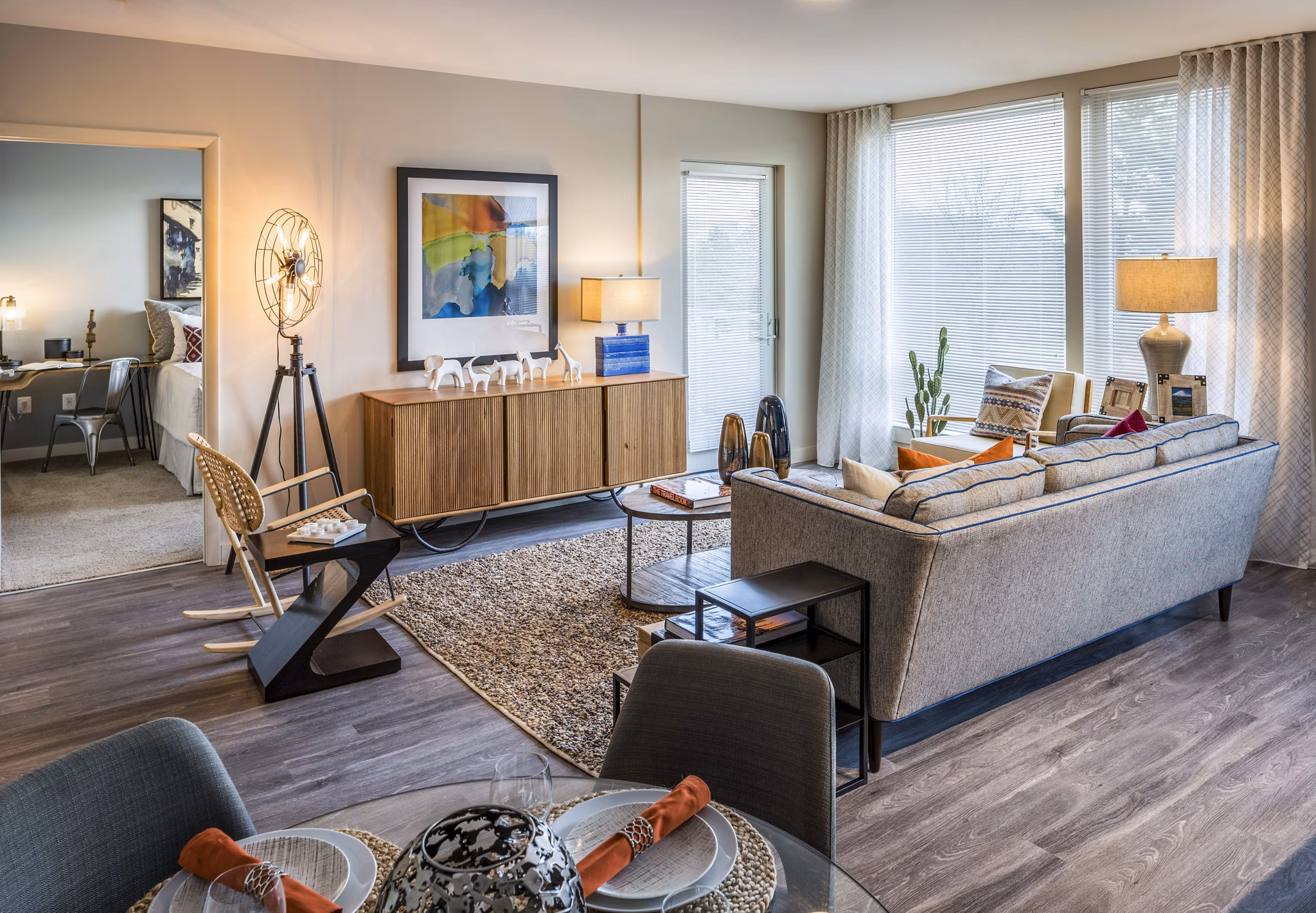 Contemporary living room with stylish furnishings at VY Reston Heights luxury apartments