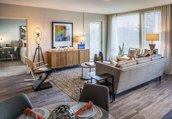 Contemporary living room with stylish furnishings at VY Reston Heights luxury apartments