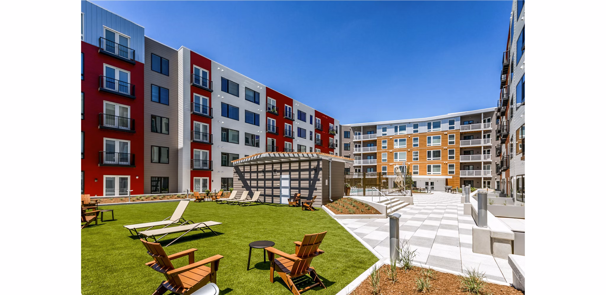 Stylish patio with modern furniture at VY Reston Heights Apartments, perfect for outdoor relaxation and social gatherings
