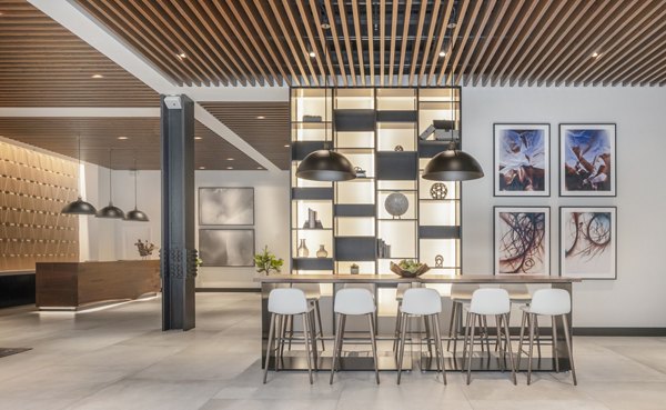 Clubhouse at The Alyx Apartments featuring upscale lounge areas and modern design in Alexandria