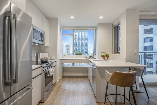Modern kitchen with stainless steel appliances at The Alyx Apartments luxury residences