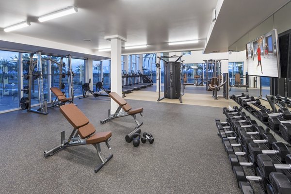 State-of-the-art fitness center with modern equipment at Sunela Apartments, luxury living by Greystar