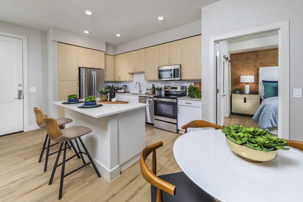 Modern kitchen with stainless steel appliances in Sunela Apartments