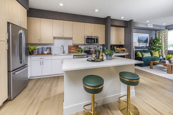Spacious modern kitchen with stainless steel appliances in Sunela Apartments