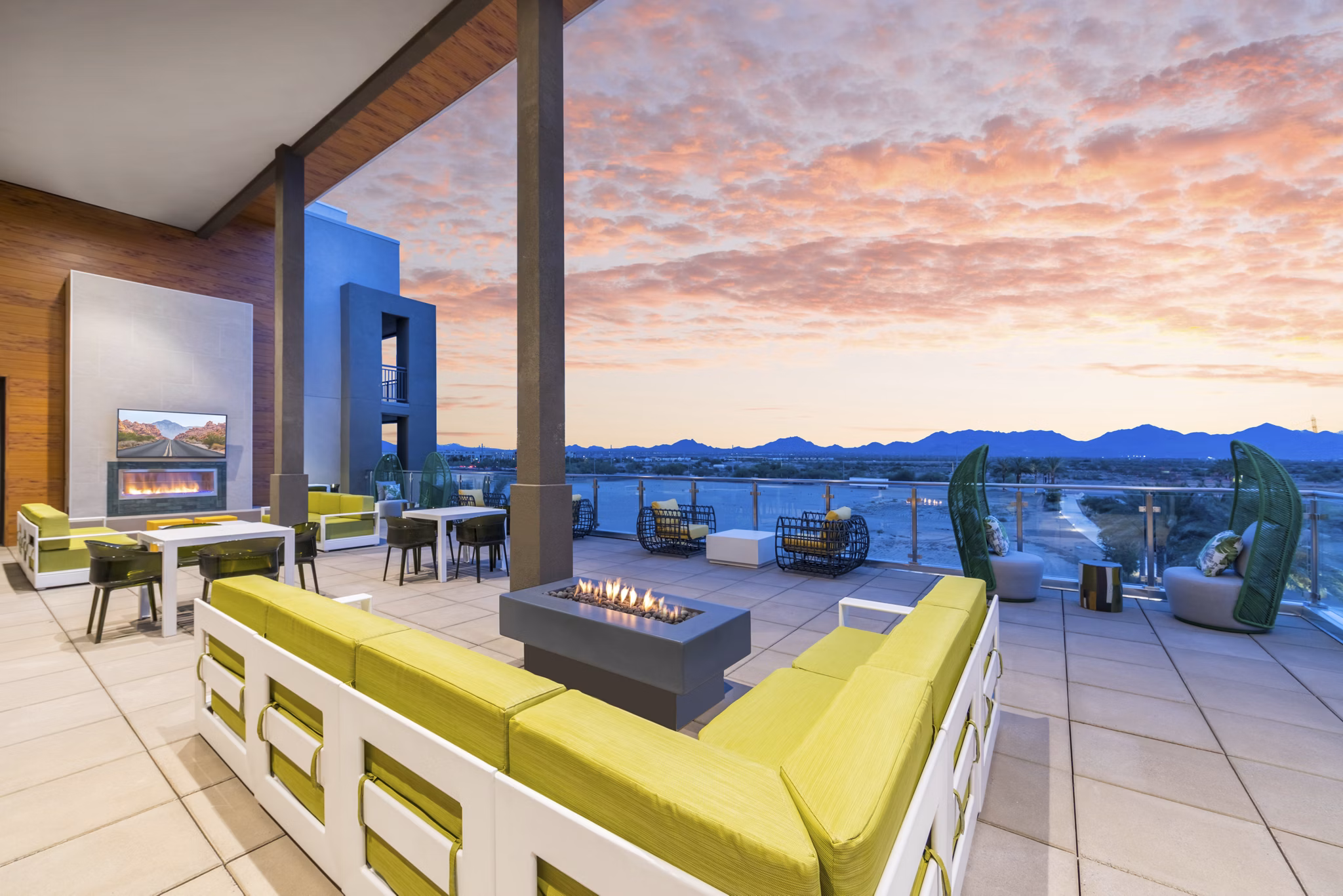 Cozy fire pit on a stylish patio at Sunela Apartments Ideal for relaxing evenings outdoors at these luxury apartments