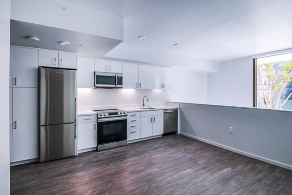 Modern kitchen with stainless steel appliances at Vance Apartments, a luxury property offering stylish living spaces