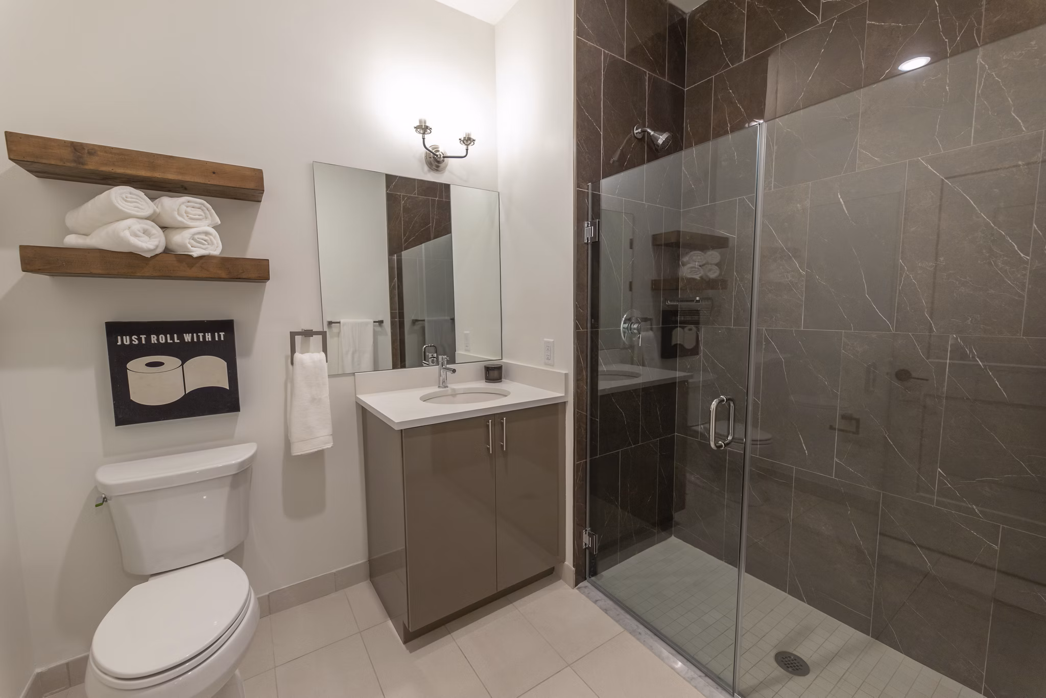 Modern bathroom with sleek fixtures in Harrison Yards Apartments