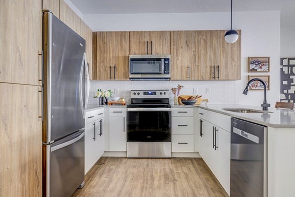 Modern kitchen with stainless steel appliances at Reveal Apartments