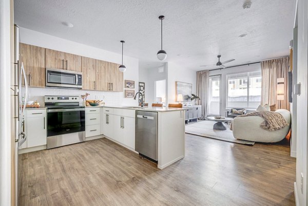 Modern kitchen featuring stainless steel appliances and granite countertops at Reveal Apartments, Greystar luxury living in city center