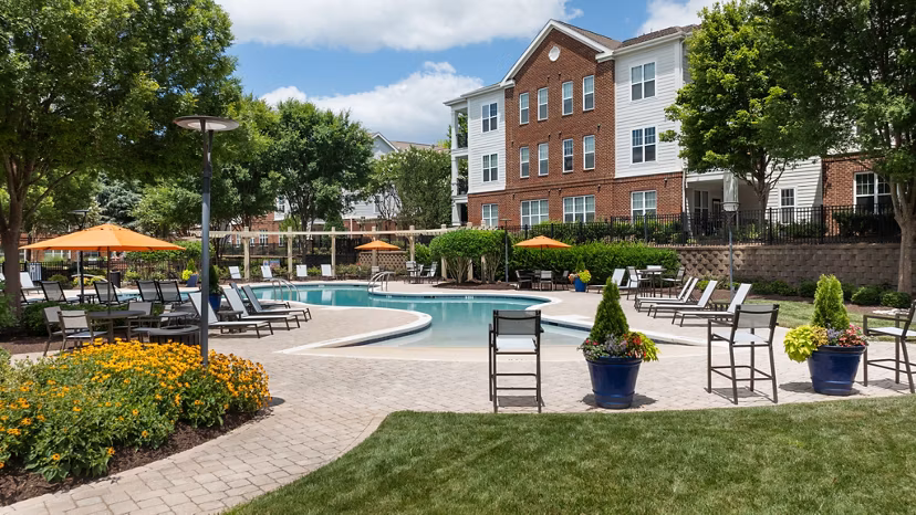 Resort-style swimming pool with sun deck at Legacy at Wakefield Apartments for luxury leisure living