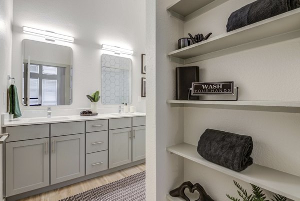Luxurious bathroom with marble countertops and modern fixtures at NOMA Apartments, a premier Greystar property