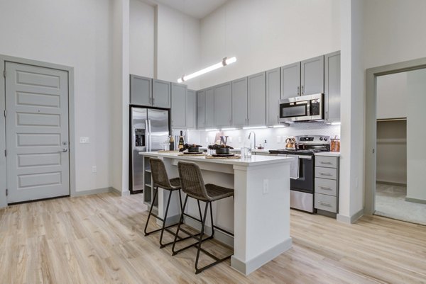 Modern kitchen with stainless steel appliances at NOMA Apartments