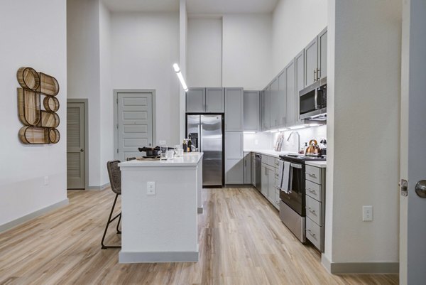 Modern kitchen with stainless steel appliances at NOMA Apartments