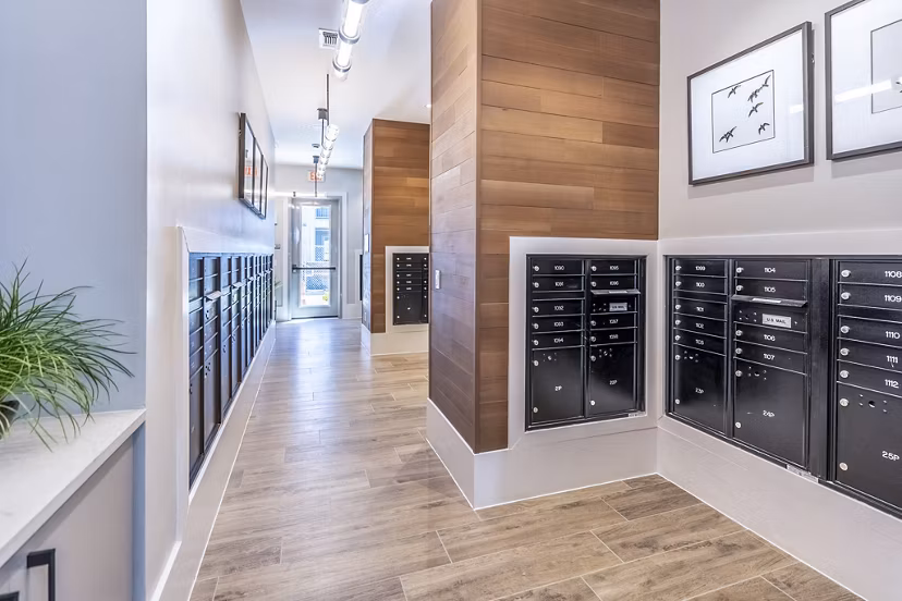 Clubhouse mail room with sleek design at The Chloe Leander Apartments