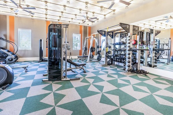 State-of-the-art fitness center with modern equipment at The Chloe Leander Apartments for luxury living