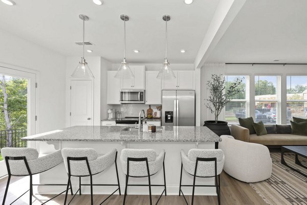 Modern kitchen with stainless steel appliances and granite countertops in Affinity at Hudson Apartments
