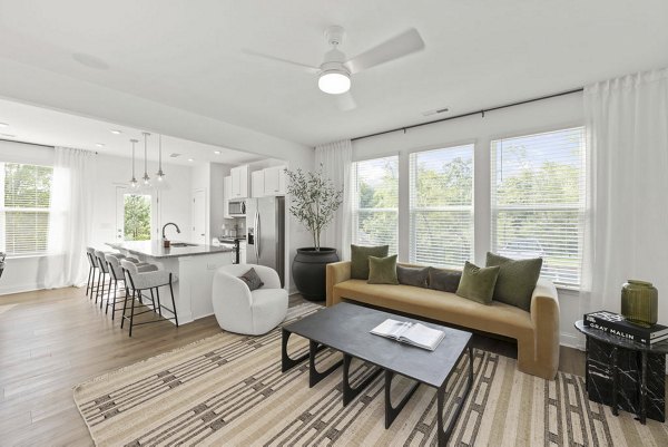 Modern living room with stylish furnishings in Affinity at Hudson Apartments