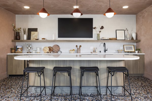 Modern clubhouse featuring sleek design elements at The Charlie WeHo Apartments, luxury living in West Hollywood