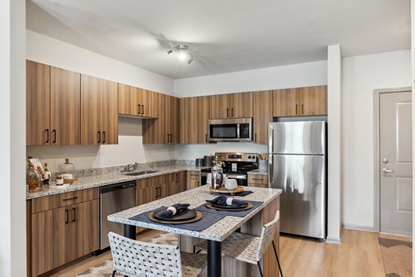 Modern kitchen with sleek cabinetry and stainless steel appliances at Riverchase Vista Apartments