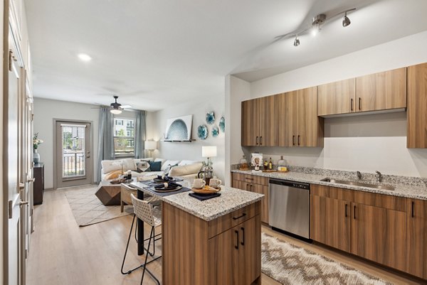 Modern kitchen featuring granite countertops and stainless steel appliances in Riverchase Vista Apartments
