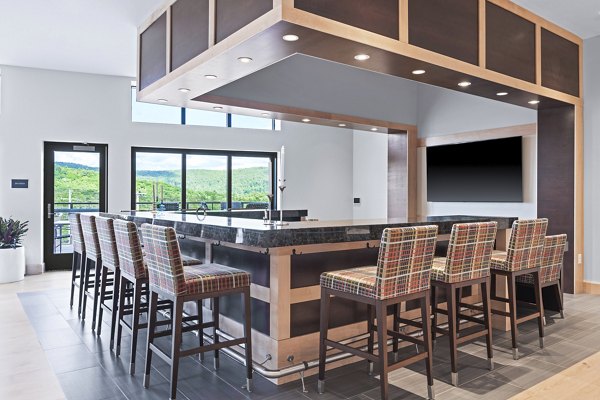 Marek South Apartments: Modern clubhouse featuring communal seating and entertainment areas