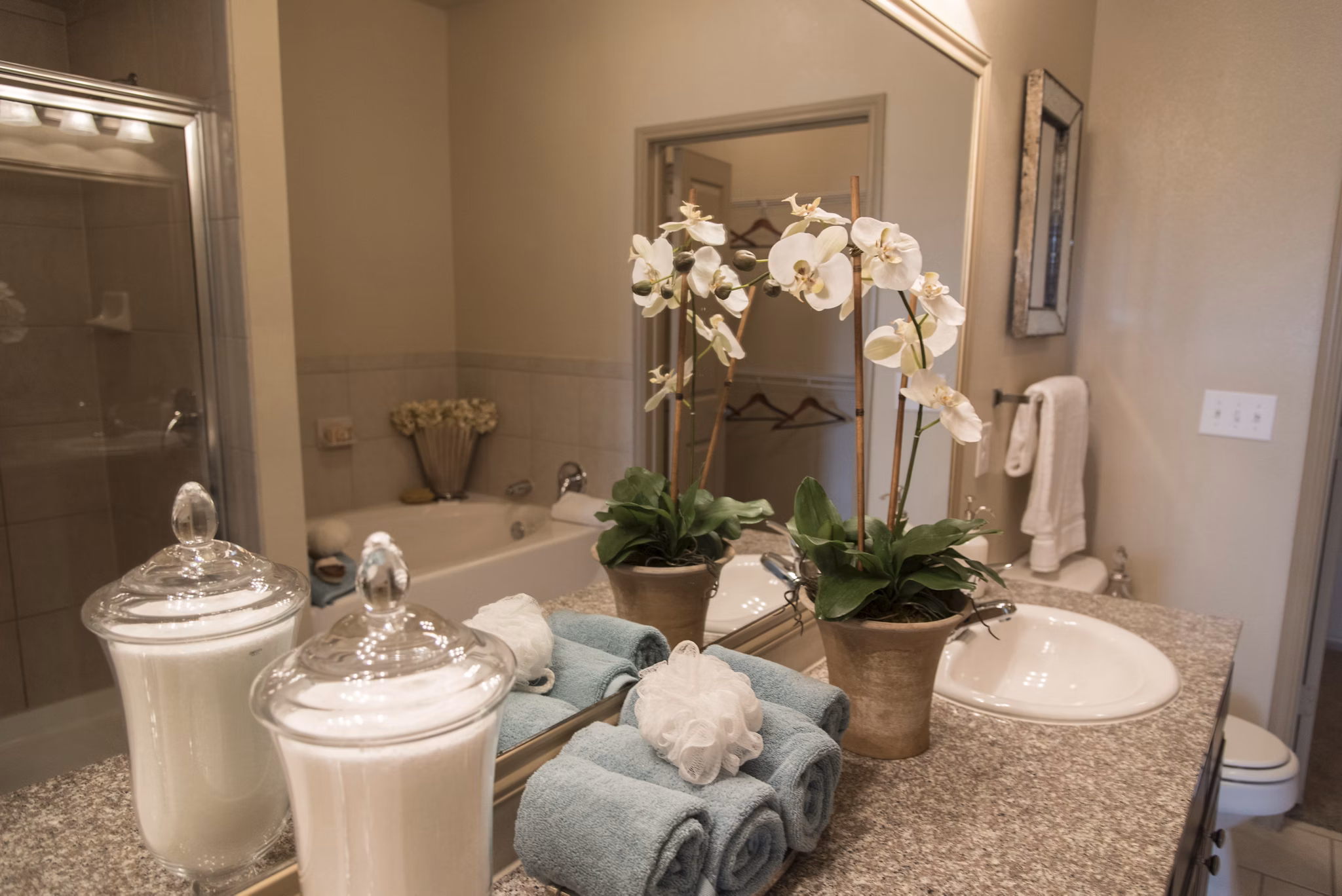 Modern bathroom with elegant fixtures at Palms at Cinco Ranch luxury apartments