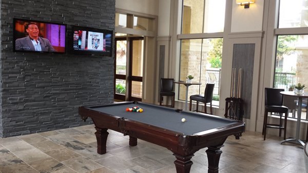 Game room with pool table and lounge seating at Palms at Cinco Ranch Apartments, offering recreational space for residents