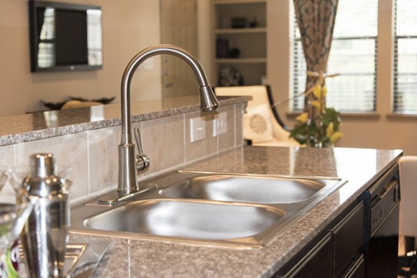 Modern kitchen featuring stainless steel appliances and granite countertops at Palms at Cinco Ranch Apartments