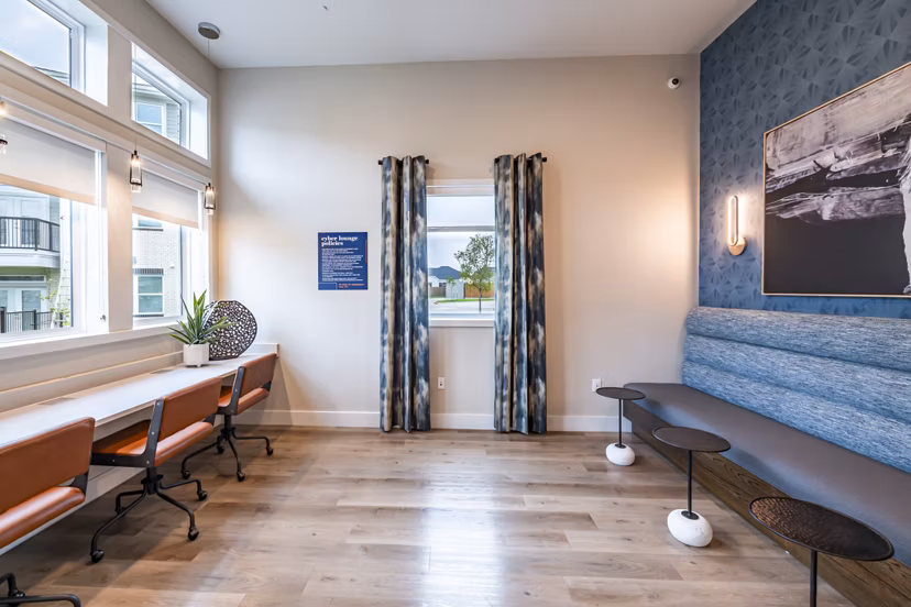 Clubhouse business center with modern workstations at Prose Stoneridge Apartments, ideal for remote work and meetings