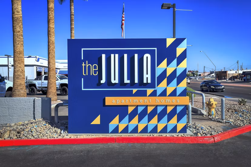 The Julia Apartments: Modern signage at luxury property in downtown Miami