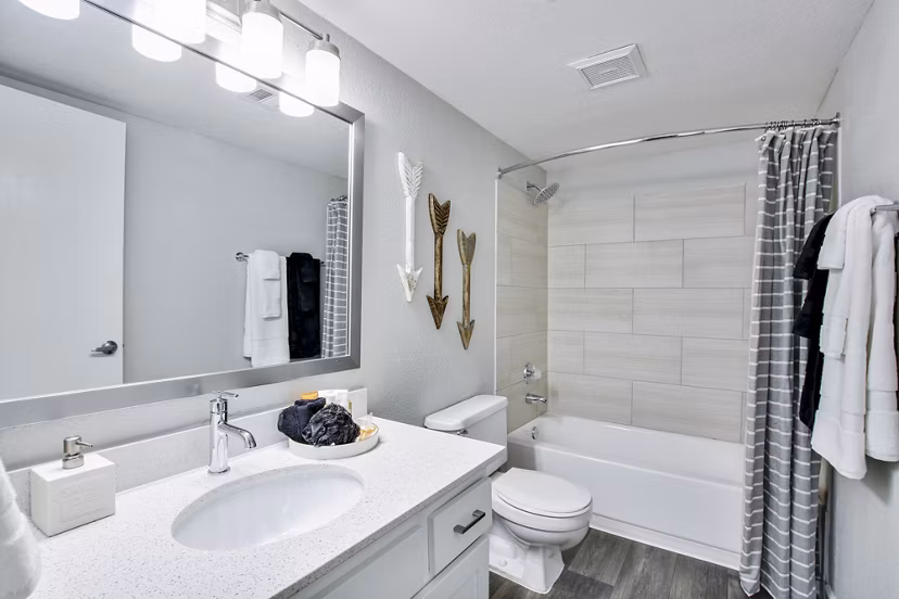 Modern bathroom featuring a sink, mirror, bathtub, and decorative elements in luxury apartments