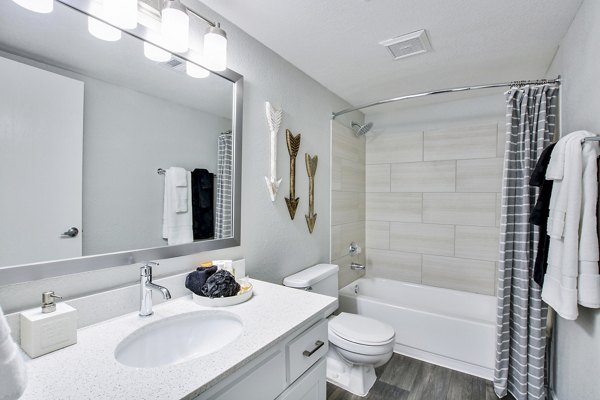 Modern bathroom featuring a sink, mirror, bathtub, and decorative elements in luxury apartments