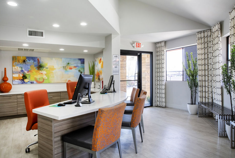 Elegant clubhouse with modern furnishings at The Julia Apartments, a Greystar luxury community in a prime location for upscale living
