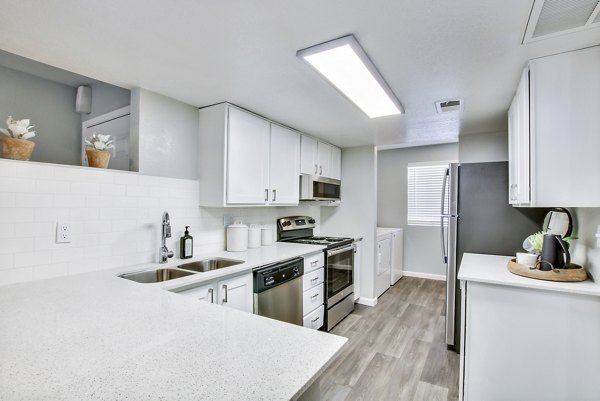 Modern kitchen with white cabinets and stainless steel appliances in luxury apartments