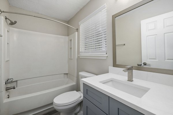 Modern bathroom with sleek vanity and large mirror at Madison at Adams Farm Apartments