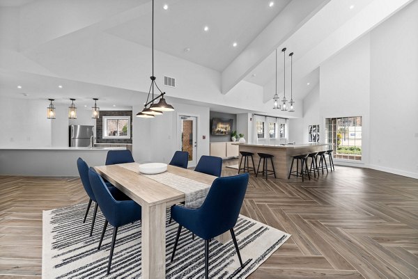 Modern clubhouse with lounge seating at View at Lake Lynn Apartments in Raleigh
