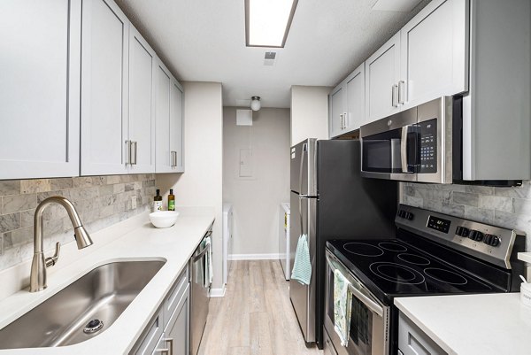 Modern kitchen with stainless steel appliances and granite countertops at View at Lake Lynn Apartments, ideal for Greystar luxury living